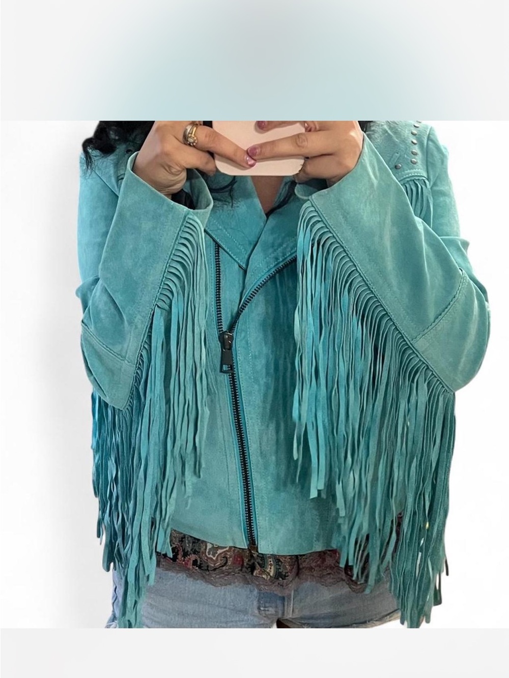 bagatelle Teal Suede Fringe Moto Jacket with Stud Details - Picture 6 of 6